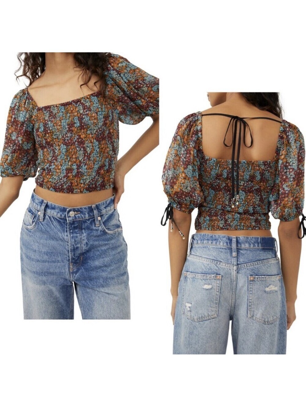 Free People Boho Smock Back On Top Multicolor Floral Puff Sleeve Crop Top Sz S